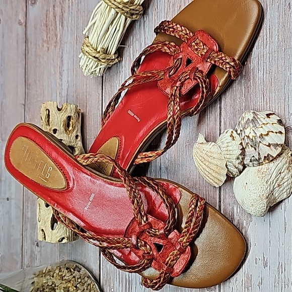 NICKLES RED AND BROWN BRAIDED LEATHER SANDALS - Picture 1 of 13